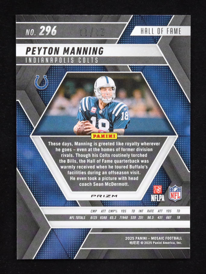 Peyton Manning 2025 Panini Mosaic Mosaic Green Spectris HOF #296 #11/13 at PristineAuction.com Peyton Manning 2025 Panini Mosaic Mosaic Green Spectris HOF #296 #11/13 at PristineAuction.com