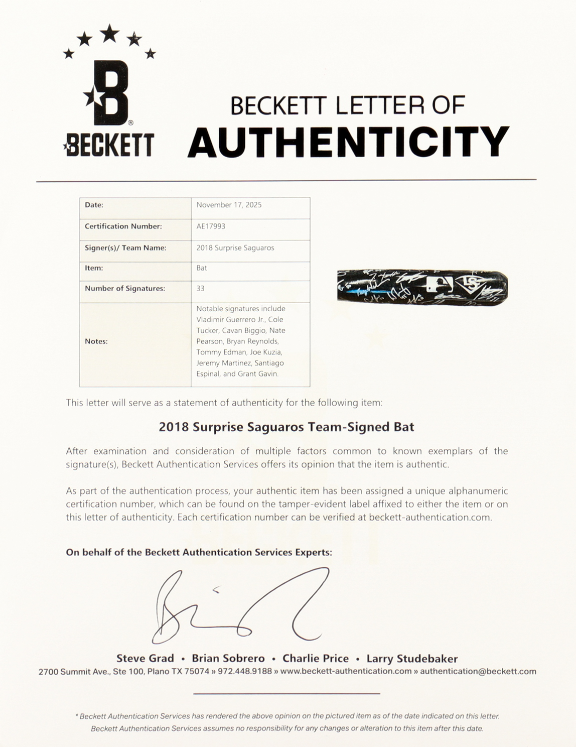 2018 Surprise Saguaros Louisville Slugger Powerized Baseball Bat Team-Signed By (33) With Vladimir Guerrero Jr., Bryan Reynolds, Cavan Biggio, Tommy Edman (Beckett) at PristineAuction.com 2018 Surprise Saguaros Louisville Slugger Powerized Baseball Bat Team-Signed By (33) With Vladimir Guerrero Jr., Bryan Reynolds, Cavan Biggio, Tommy Edman (Beckett) at PristineAuction.com