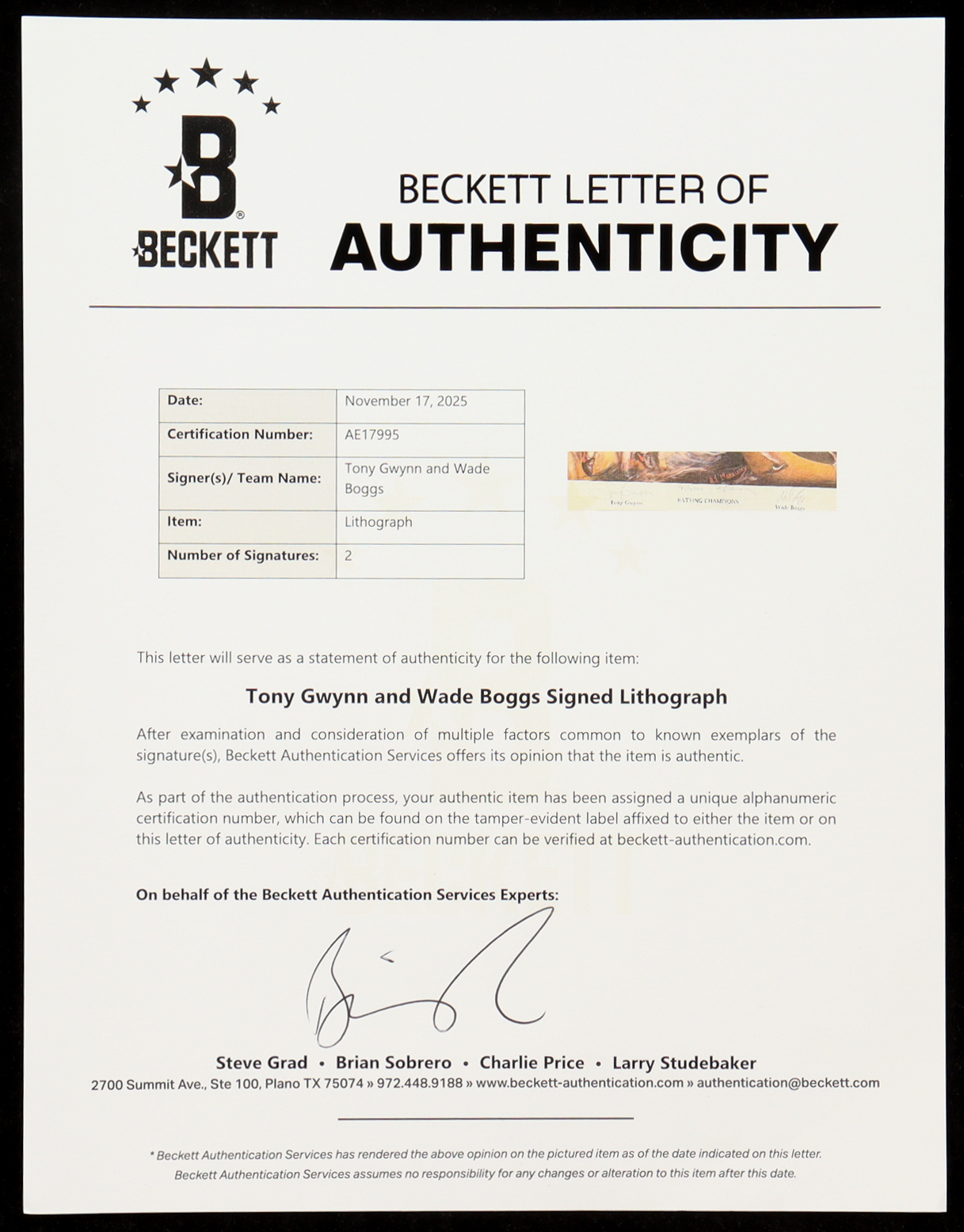 Tony Gwynn & Wade Boggs Signed LE "Batting Champions" 19x24 Lithograph By RJ Morrisey (Beckett) at PristineAuction.com Tony Gwynn & Wade Boggs Signed LE "Batting Champions" 19x24 Lithograph By RJ Morrisey (Beckett) at PristineAuction.com