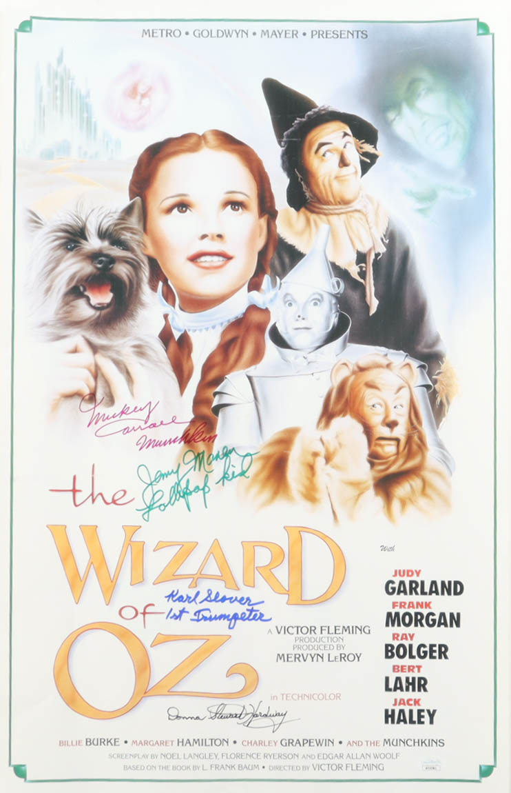 "The Wizard of Oz" 16x24 Poster Cast-Signed by (4) with Mickey Carroll, Jerry Maren, Karl Slover, & Donna Stewart Hardway with Inscriptions (JSA) at PristineAuction.com "The Wizard of Oz" 16x24 Poster Cast-Signed by (4) with Mickey Carroll, Jerry Maren, Karl Slover, & Donna Stewart Hardway with Inscriptions (JSA) at PristineAuction.com