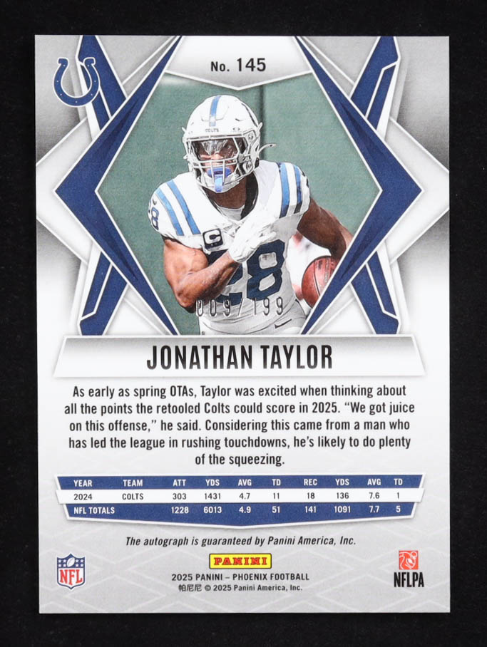 Jonathan Taylor 2025 Panini Phoenix Autographs Silver #145 #9/199 at PristineAuction.com Jonathan Taylor 2025 Panini Phoenix Autographs Silver #145 #9/199 at PristineAuction.com