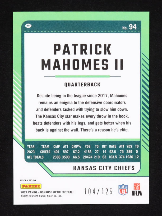 Patrick Mahomes II 2024 Donruss Optic Red #94 #104/125 at PristineAuction.com Patrick Mahomes II 2024 Donruss Optic Red #94 #104/125 at PristineAuction.com
