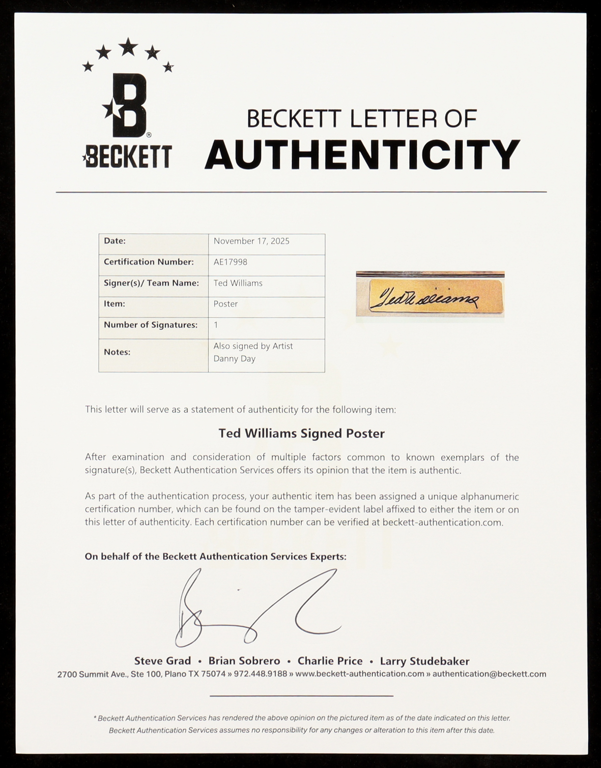 Ted Williams Signed LE 24x30 Lithograph by Danny Day (Beckett) at PristineAuction.com Ted Williams Signed LE 24x30 Lithograph by Danny Day (Beckett) at PristineAuction.com