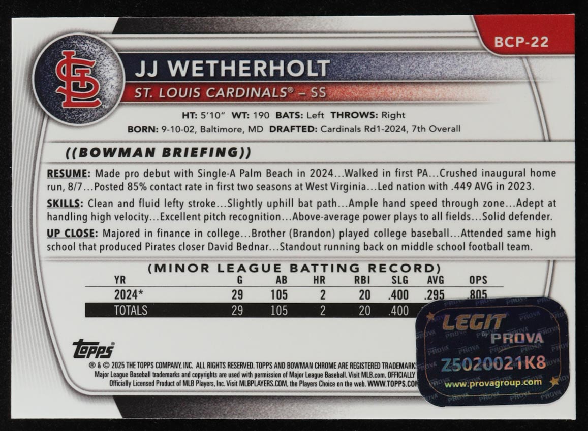 JJ Wetherholt Signed 2025 Bowman Chrome Prospects #BCP22 RC (Prova) at PristineAuction.com JJ Wetherholt Signed 2025 Bowman Chrome Prospects #BCP22 RC (Prova) at PristineAuction.com