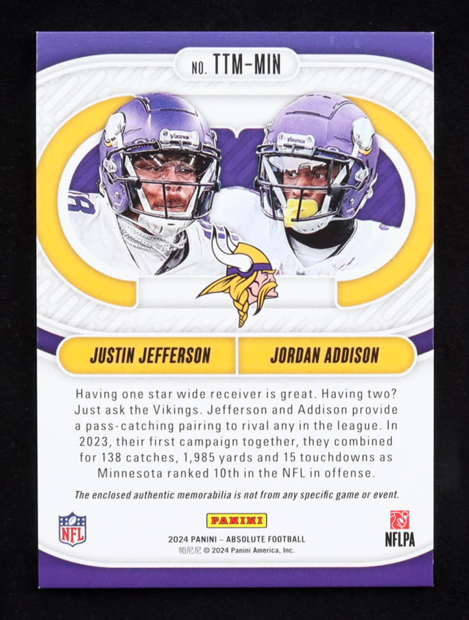 Justin Jefferson / Jordan Addison 2024 Panini Absolute Team Tandem Materials #TTM-MIN #66/99 at PristineAuction.com Justin Jefferson / Jordan Addison 2024 Panini Absolute Team Tandem Materials #TTM-MIN #66/99 at PristineAuction.com