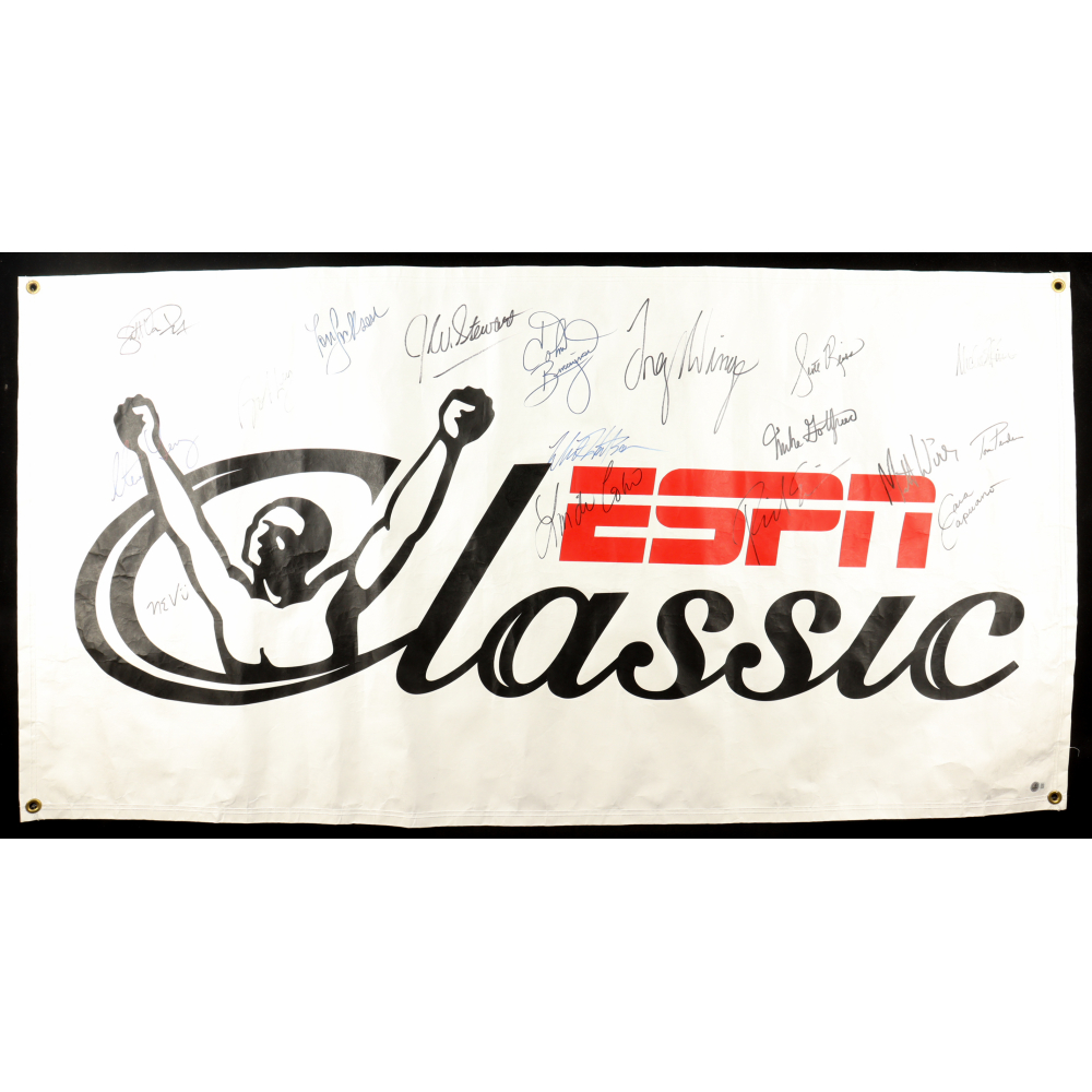 1990's ESPN Personalities ESPN Classic Banner Signed by (17) with Steve Levy, Scott Van Pelt, John Buccigross, Nicole Kim (Beckett) at PristineAuction.com