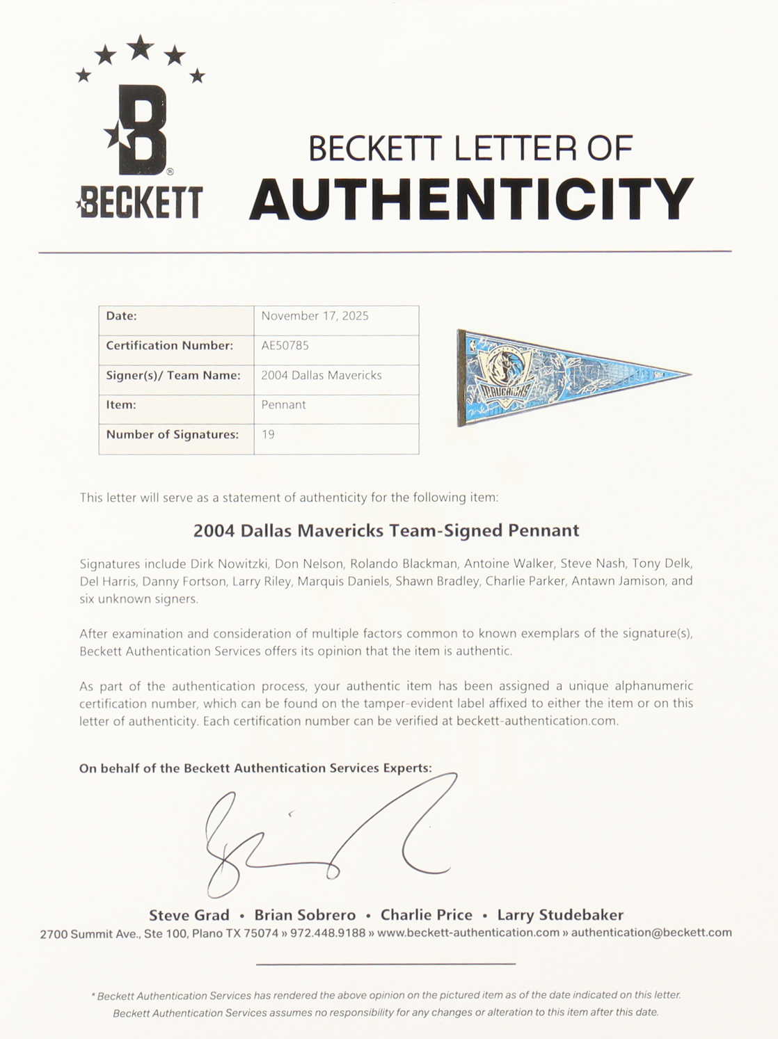 2004 Mavericks Felt Pennant Flag Team-Signed By (19) With Dirk Nowitzki, Steve Nash, Don Nelson, Rolando Blackman (Beckett) at PristineAuction.com 2004 Mavericks Felt Pennant Flag Team-Signed By (19) With Dirk Nowitzki, Steve Nash, Don Nelson, Rolando Blackman (Beckett) at PristineAuction.com