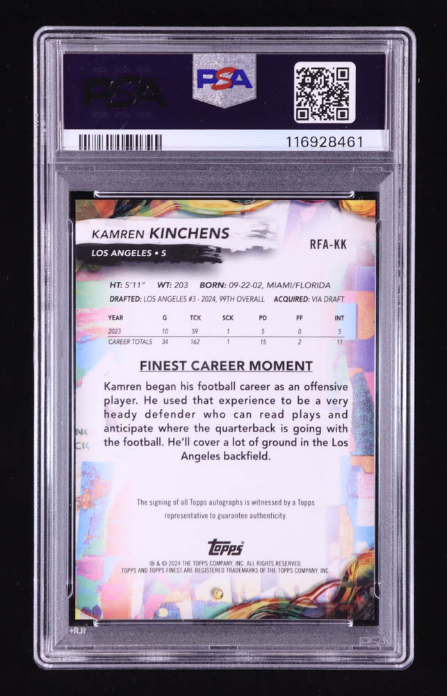 Kamren Kinchens 2024 Finest Rookie Autographs Gold Geometric Refractors #RFAKK #29/50 RC (PSA 9 | Auto 10) at PristineAuction.com Kamren Kinchens 2024 Finest Rookie Autographs Gold Geometric Refractors #RFAKK #29/50 RC (PSA 9 | Auto 10) at PristineAuction.com
