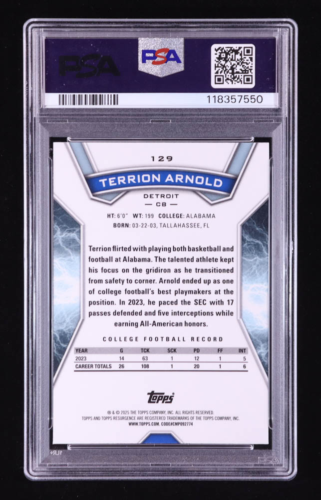 Terrion Arnold 2024 Topps Resurgence Teal Surge #129 #055/149 RC (PSA 10) at PristineAuction.com Terrion Arnold 2024 Topps Resurgence Teal Surge #129 #055/149 RC (PSA 10) at PristineAuction.com
