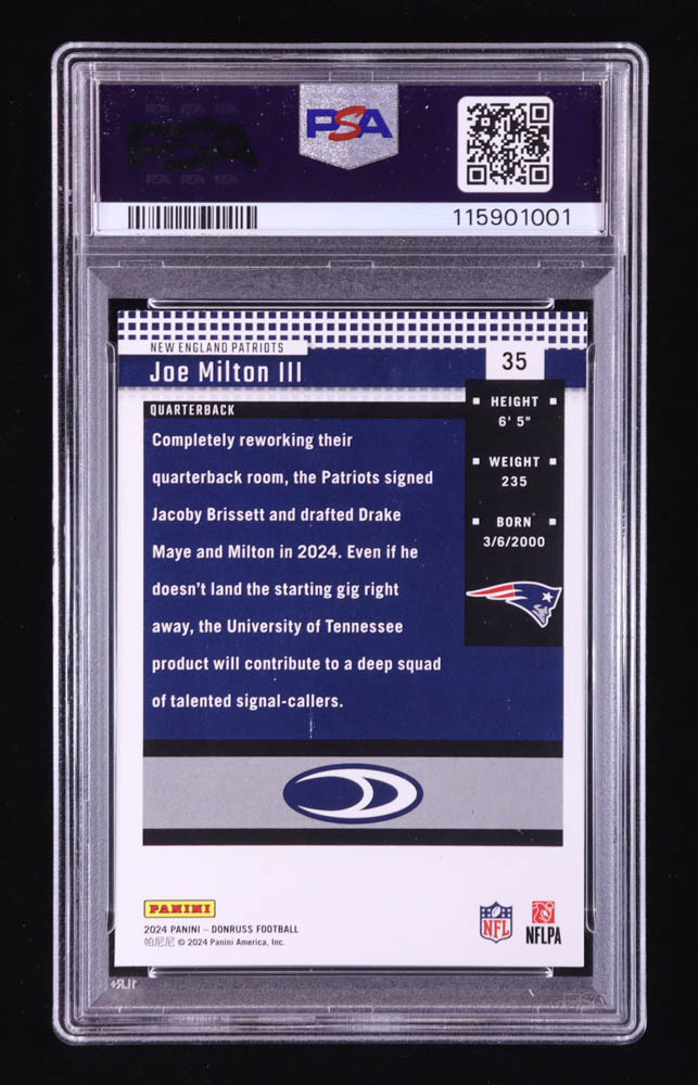 Joe Milton III 2024 Donruss Retro '04 #35 RC (PSA 10) at PristineAuction.com Joe Milton III 2024 Donruss Retro '04 #35 RC (PSA 10) at PristineAuction.com