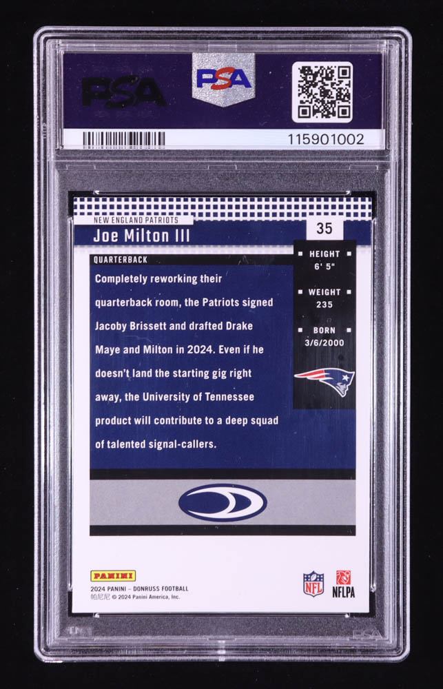 Joe Milton III 2024 Donruss Retro '04 #35 RC (PSA 10) at PristineAuction.com Joe Milton III 2024 Donruss Retro '04 #35 RC (PSA 10) at PristineAuction.com