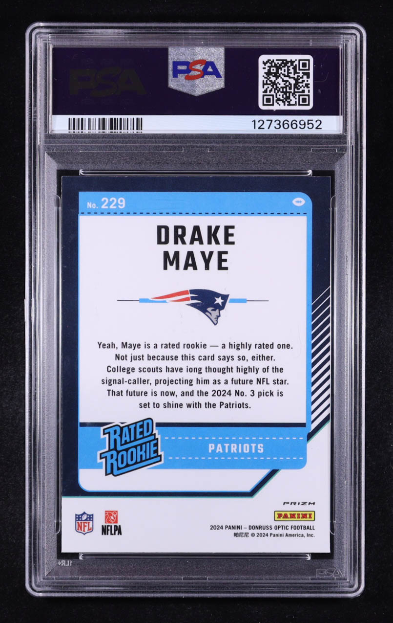 Drake Maye 2024 Donruss Optic Rated Rookie Purple Shock #229 RC (PSA 9) at PristineAuction.com Drake Maye 2024 Donruss Optic Rated Rookie Purple Shock #229 RC (PSA 9) at PristineAuction.com
