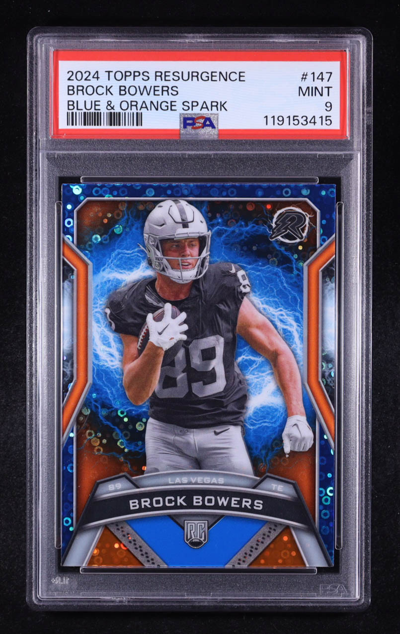 Brock Bowers 2024 Topps Resurgence Blue and Orange Spark #147 RC (PSA 9) at PristineAuction.com Brock Bowers 2024 Topps Resurgence Blue and Orange Spark #147 RC (PSA 9) at PristineAuction.com