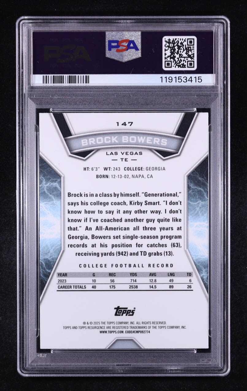 Brock Bowers 2024 Topps Resurgence Blue and Orange Spark #147 RC (PSA 9) at PristineAuction.com Brock Bowers 2024 Topps Resurgence Blue and Orange Spark #147 RC (PSA 9) at PristineAuction.com