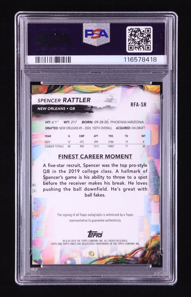 Spencer Rattler 2024 Finest Rookie Autographs #RFASR RC (PSA 9 | Auto 10) at PristineAuction.com Spencer Rattler 2024 Finest Rookie Autographs #RFASR RC (PSA 9 | Auto 10) at PristineAuction.com