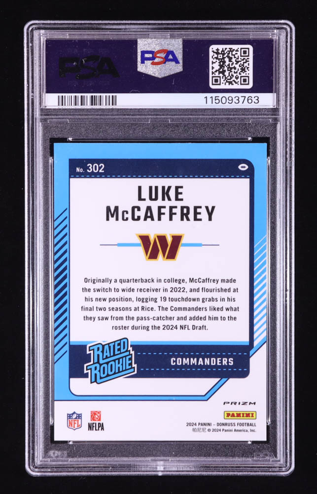 Luke McCaffrey 2024 Donruss Optic Rated Rookies Preview Pink #302 RC (PSA 10) at PristineAuction.com Luke McCaffrey 2024 Donruss Optic Rated Rookies Preview Pink #302 RC (PSA 10) at PristineAuction.com