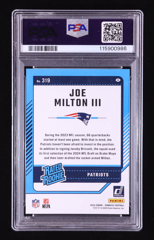 Joe Milton III 2024 Donruss #319 RR RC (PSA 9) at PristineAuction.com Joe Milton III 2024 Donruss #319 RR RC (PSA 9) at PristineAuction.com