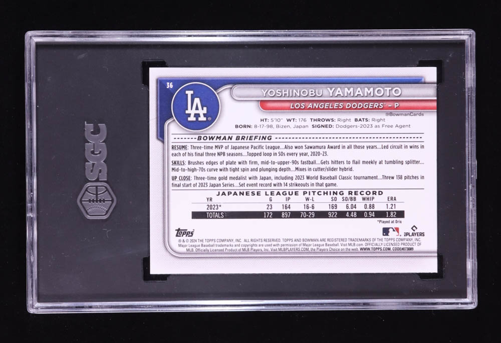 Yoshinobu Yamamoto 2024 Bowman #36 RC (SGC 9.5) at PristineAuction.com Yoshinobu Yamamoto 2024 Bowman #36 RC (SGC 9.5) at PristineAuction.com
