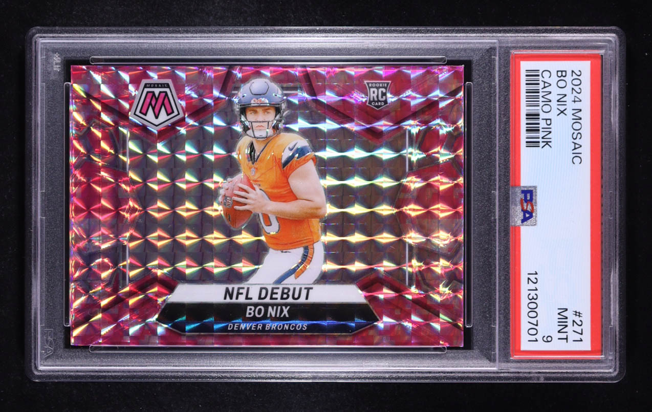 Bo Nix 2024 Panini Mosaic NFL Debut Camo Pink Mosaic #271 RC (PSA 9) at PristineAuction.com Bo Nix 2024 Panini Mosaic NFL Debut Camo Pink Mosaic #271 RC (PSA 9) at PristineAuction.com