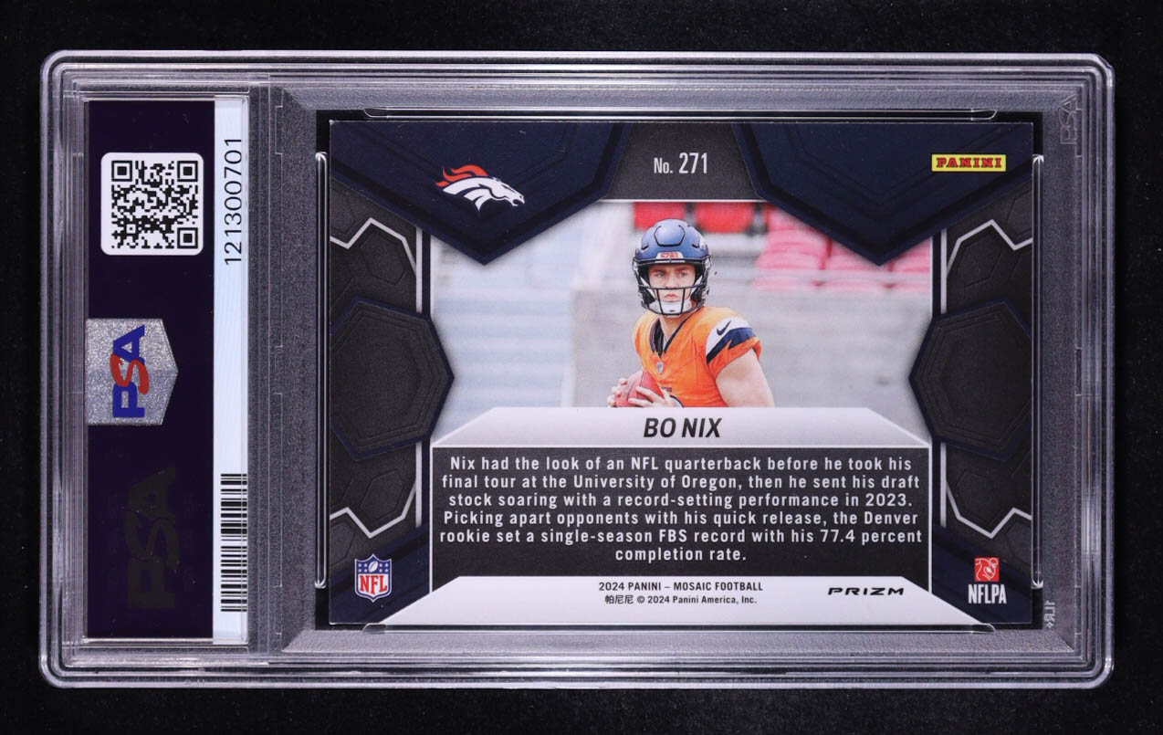 Bo Nix 2024 Panini Mosaic NFL Debut Camo Pink Mosaic #271 RC (PSA 9) at PristineAuction.com Bo Nix 2024 Panini Mosaic NFL Debut Camo Pink Mosaic #271 RC (PSA 9) at PristineAuction.com