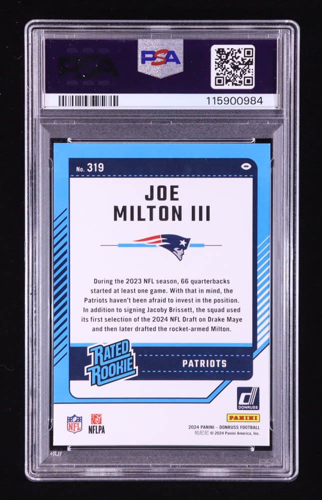 Joe Milton III 2024 Donruss #319 RR RC (PSA 10) at PristineAuction.com Joe Milton III 2024 Donruss #319 RR RC (PSA 10) at PristineAuction.com