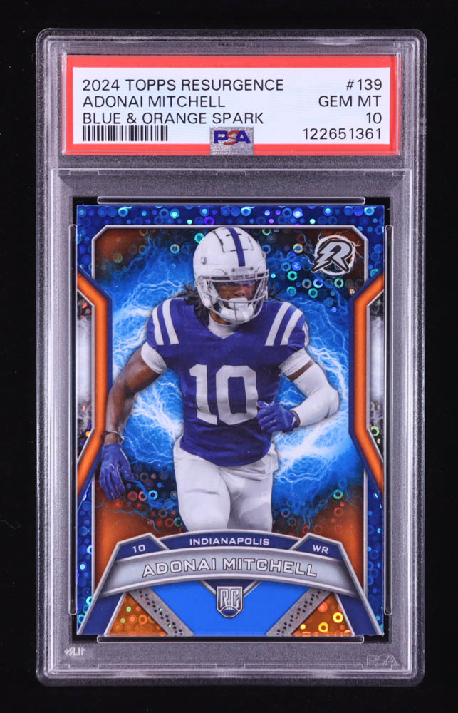 Adonai Mitchell 2024 Topps Resurgence Blue and Orange Spark #139 RC (PSA 10) at PristineAuction.com Adonai Mitchell 2024 Topps Resurgence Blue and Orange Spark #139 RC (PSA 10) at PristineAuction.com