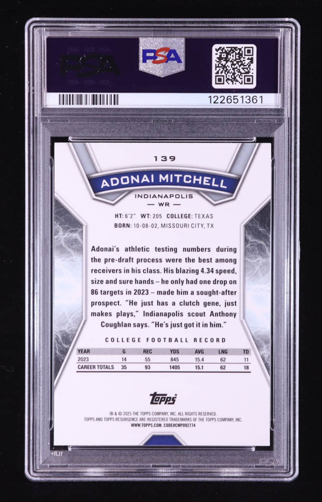 Adonai Mitchell 2024 Topps Resurgence Blue and Orange Spark #139 RC (PSA 10) at PristineAuction.com Adonai Mitchell 2024 Topps Resurgence Blue and Orange Spark #139 RC (PSA 10) at PristineAuction.com