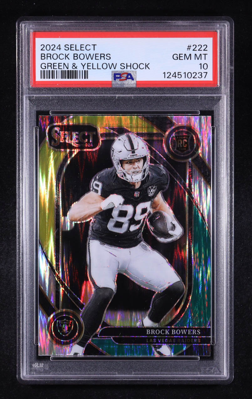 Brock Bowers 2024 Select Prizm Green and Yellow Shock #222 RC (PSA 10) at PristineAuction.com Brock Bowers 2024 Select Prizm Green and Yellow Shock #222 RC (PSA 10) at PristineAuction.com