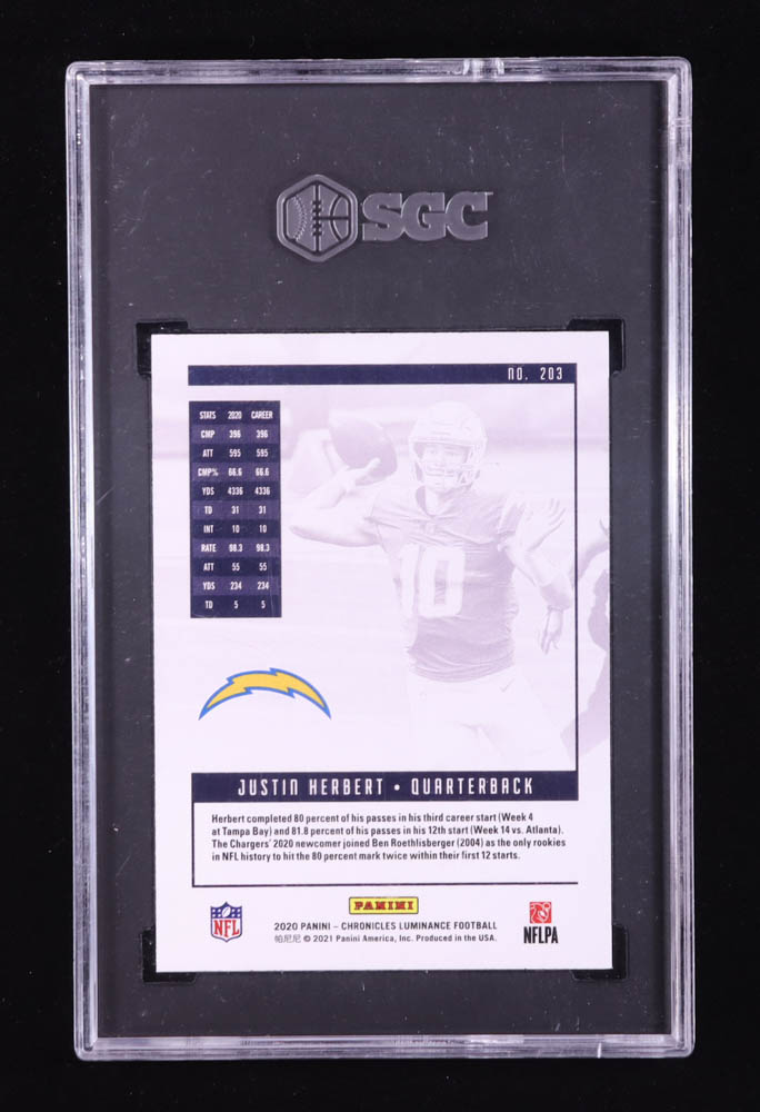 Justin Herbert 2020 Panini Chronicles Luminance #203 RC (SGC 10) at PristineAuction.com Justin Herbert 2020 Panini Chronicles Luminance #203 RC (SGC 10) at PristineAuction.com