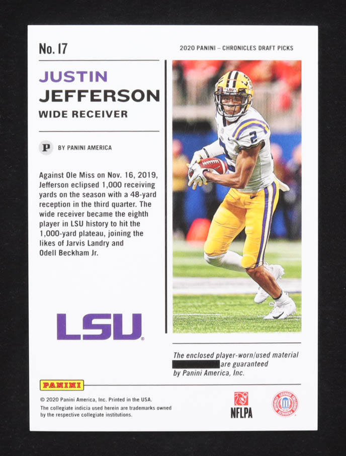 Justin Jefferson 2020 Panini Chronicles Draft Picks Alma Mater Materials #17 RC #142/299 at PristineAuction.com Justin Jefferson 2020 Panini Chronicles Draft Picks Alma Mater Materials #17 RC #142/299 at PristineAuction.com