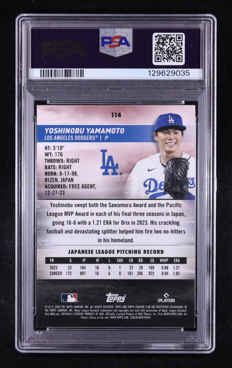 Yoshinobu Yamamoto 2024 Stadium Club Chrome #114 RC (PSA 9) at PristineAuction.com Yoshinobu Yamamoto 2024 Stadium Club Chrome #114 RC (PSA 9) at PristineAuction.com
