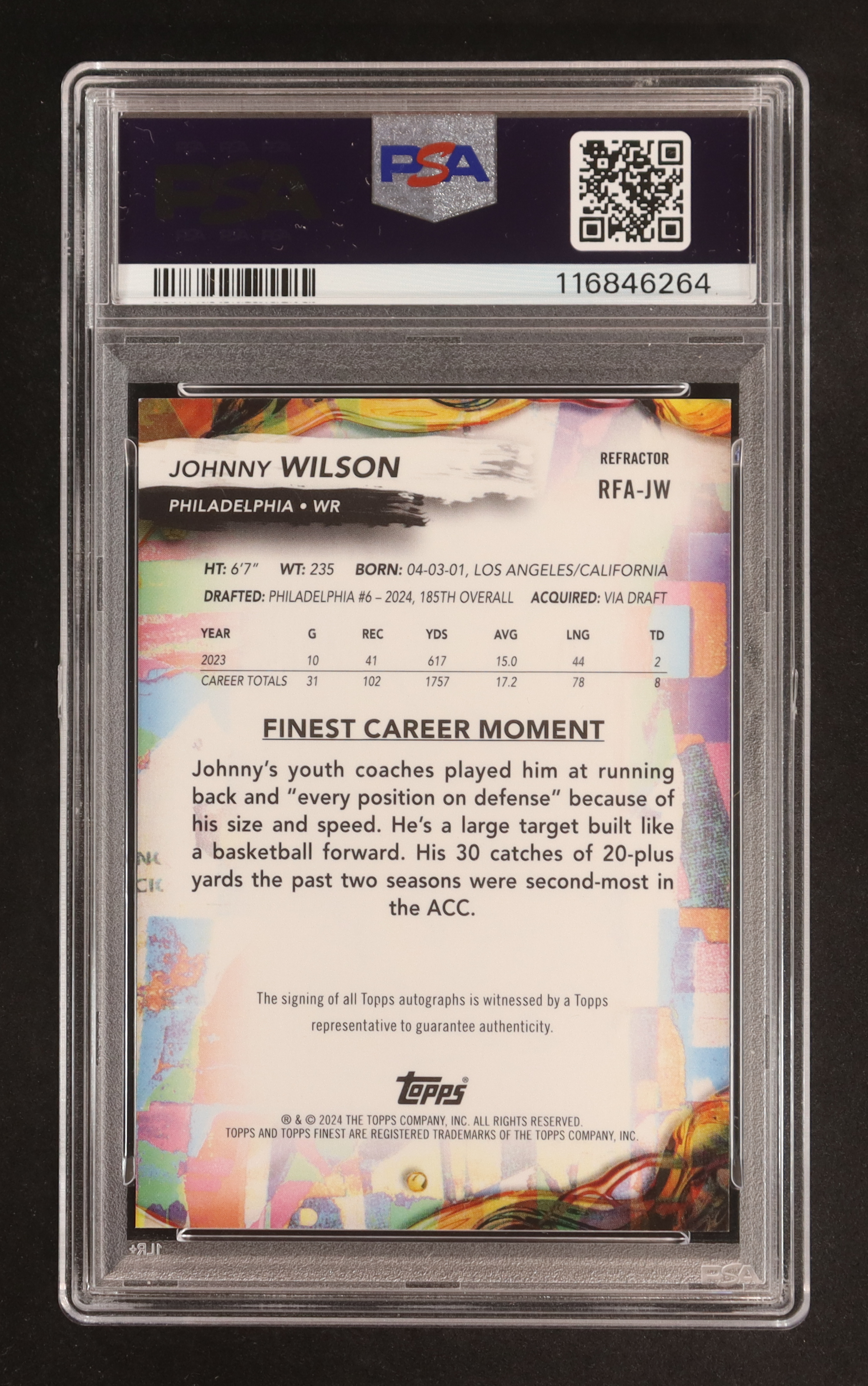 Johnny Wilson 2024 Finest Rookie Autographs Refractors #RFAJW RC (PSA 9 | Autograph Graded PSA 10) at PristineAuction.com Johnny Wilson 2024 Finest Rookie Autographs Refractors #RFAJW RC (PSA 9 | Autograph Graded PSA 10) at PristineAuction.com