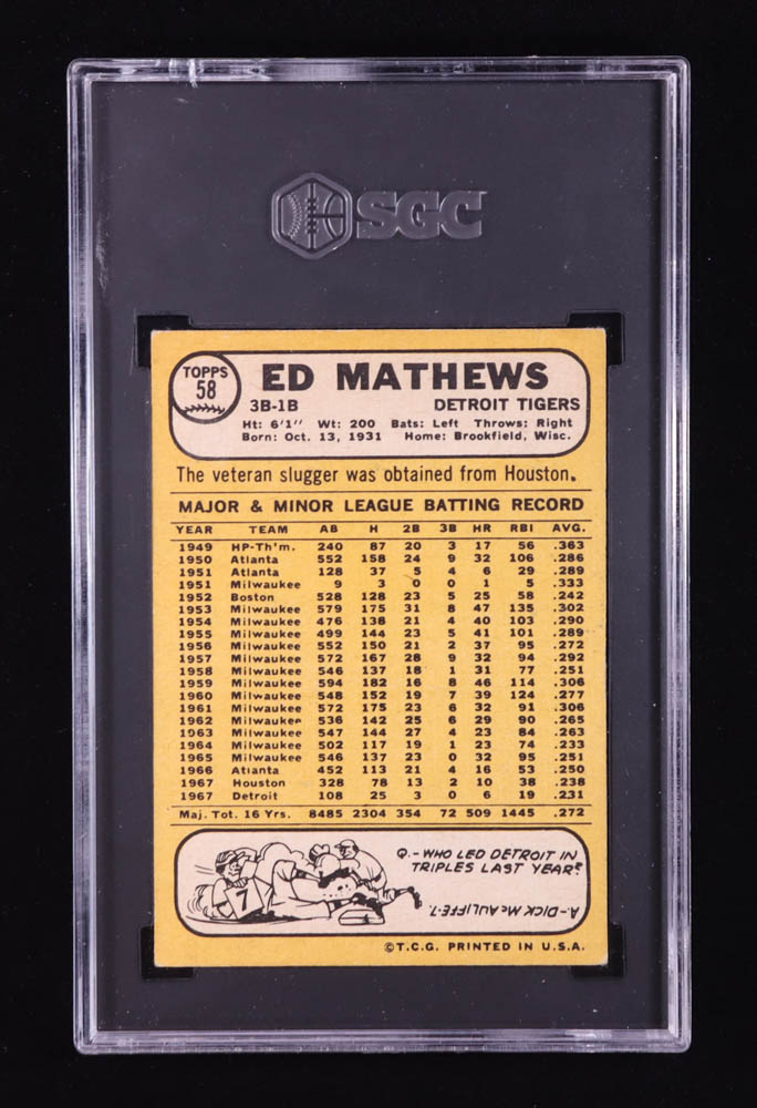 Eddie Mathews 1968 Topps #58 (SGC 5) at PristineAuction.com Eddie Mathews 1968 Topps #58 (SGC 5) at PristineAuction.com