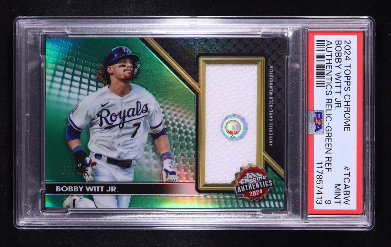 Bobby Witt Jr. 2024 Topps Chrome Authentics Relics Green Refractors #TCABW #03/99 (PSA 9) at PristineAuction.com Bobby Witt Jr. 2024 Topps Chrome Authentics Relics Green Refractors #TCABW #03/99 (PSA 9) at PristineAuction.com