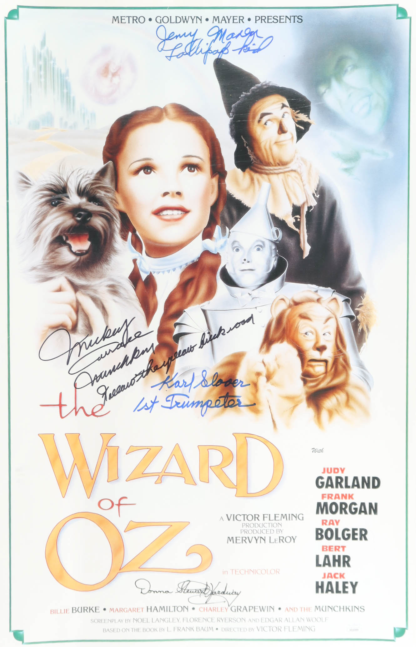 "The Wizard of Oz" 16x24 Poster Cast-Signed by (4) with Mickey Carroll, Jerry Maren, Karl Slover, & Donna Stewart Hardway with Multiple Inscriptions (JSA) at PristineAuction.com "The Wizard of Oz" 16x24 Poster Cast-Signed by (4) with Mickey Carroll, Jerry Maren, Karl Slover, & Donna Stewart Hardway with Multiple Inscriptions (JSA) at PristineAuction.com