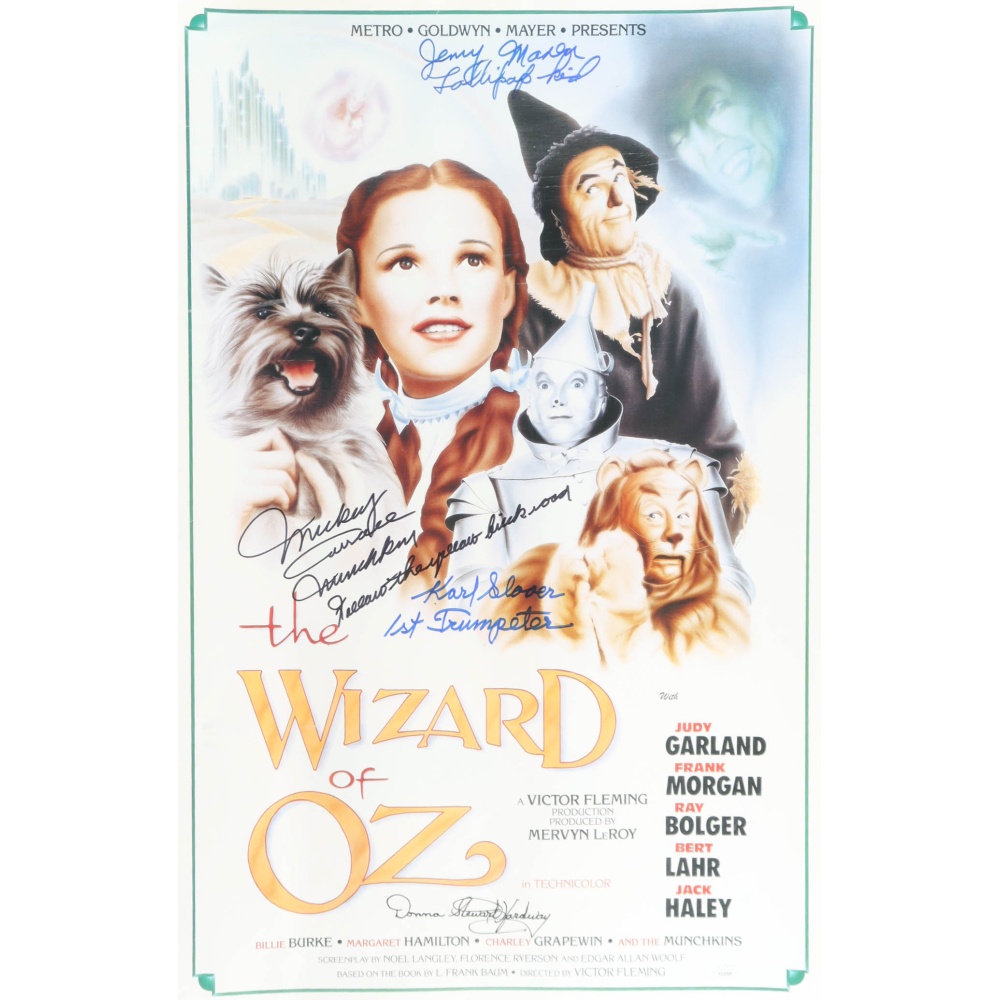 "The Wizard of Oz" 16x24 Poster Cast-Signed by (4) with Mickey Carroll, Jerry Maren, Karl Slover, & Donna Stewart Hardway with Multiple Inscriptions (JSA) at PristineAuction.com