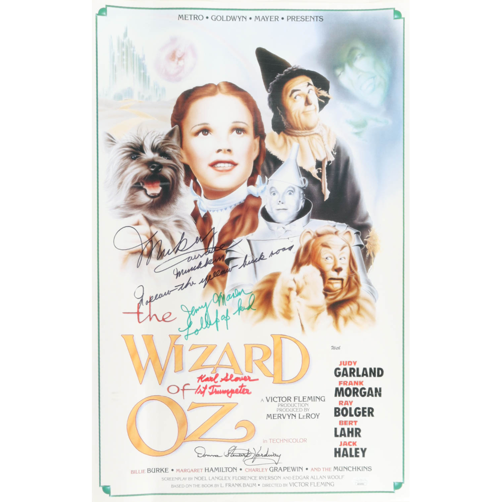 "The Wizard of Oz" 16x24 Poster Cast-Signed by (4) with Mickey Carroll, Jerry Maren, Karl Slover, & Donna Stewart Hardway with Multiple Inscriptions (JSA) at PristineAuction.com