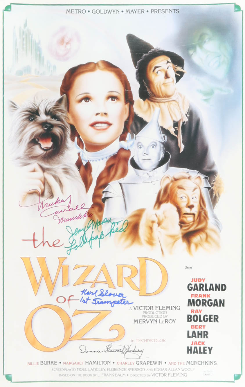 "The Wizard of Oz" 16x24 Poster Cast-Signed by (4) with Mickey Carroll, Jerry Maren, Karl Slover, & Donna Stewart Hardway with Multiple Inscriptions (JSA) at PristineAuction.com "The Wizard of Oz" 16x24 Poster Cast-Signed by (4) with Mickey Carroll, Jerry Maren, Karl Slover, & Donna Stewart Hardway with Multiple Inscriptions (JSA) at PristineAuction.com