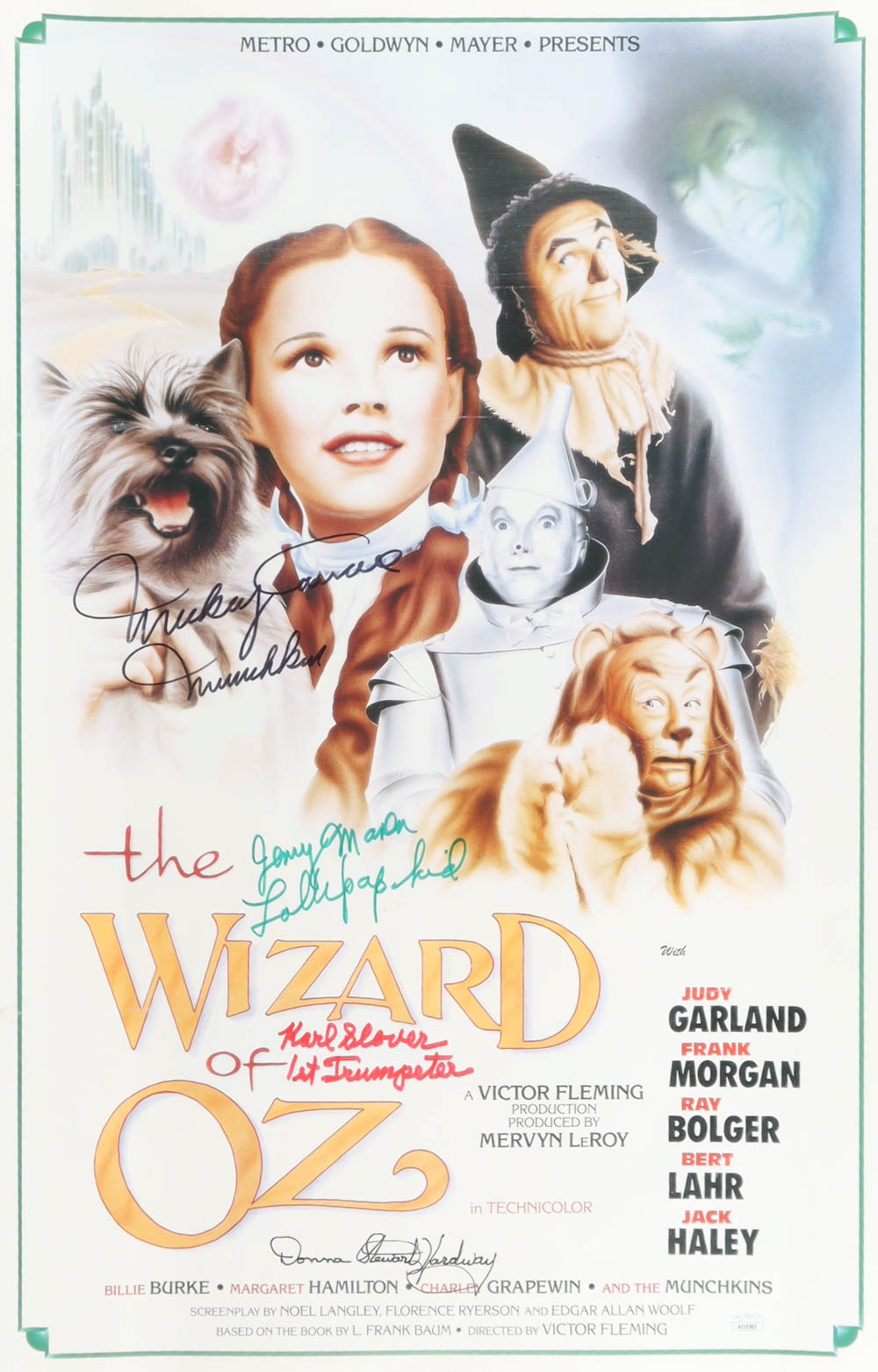 "The Wizard of Oz" 16x24 Poster Cast-Signed by (4) with Mickey Carroll, Jerry Maren, Karl Slover, & Donna Stewart Hardway with Multiple Inscriptions (JSA) at PristineAuction.com "The Wizard of Oz" 16x24 Poster Cast-Signed by (4) with Mickey Carroll, Jerry Maren, Karl Slover, & Donna Stewart Hardway with Multiple Inscriptions (JSA) at PristineAuction.com
