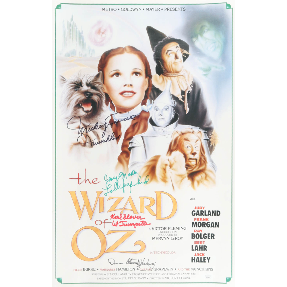 "The Wizard of Oz" 16x24 Poster Cast-Signed by (4) with Mickey Carroll, Jerry Maren, Karl Slover, & Donna Stewart Hardway with Multiple Inscriptions (JSA) at PristineAuction.com
