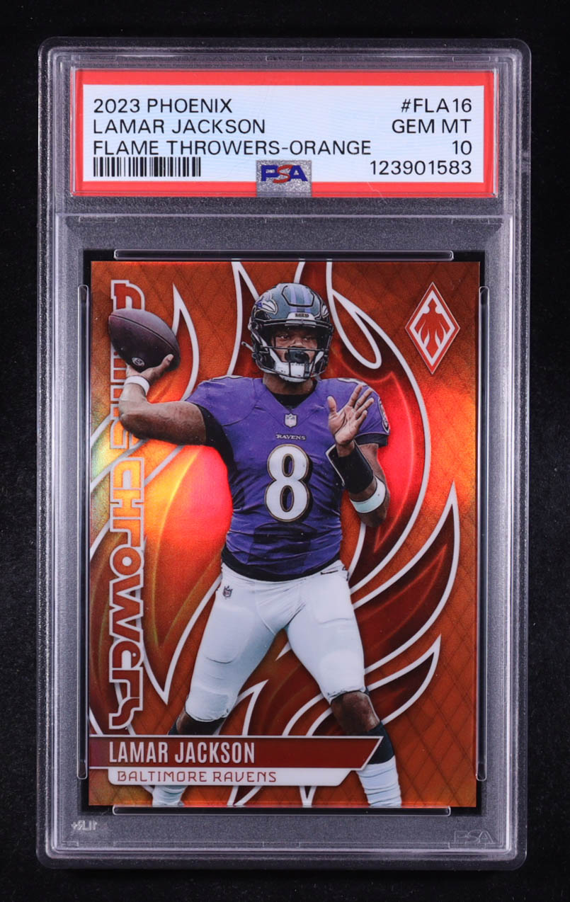 Lamar Jackson 2023 Panini Phoenix Flame Throwers Orange #16 #65/99 (PSA 10) at PristineAuction.com Lamar Jackson 2023 Panini Phoenix Flame Throwers Orange #16 #65/99 (PSA 10) at PristineAuction.com