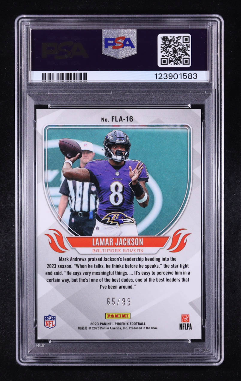 Lamar Jackson 2023 Panini Phoenix Flame Throwers Orange #16 #65/99 (PSA 10) at PristineAuction.com Lamar Jackson 2023 Panini Phoenix Flame Throwers Orange #16 #65/99 (PSA 10) at PristineAuction.com