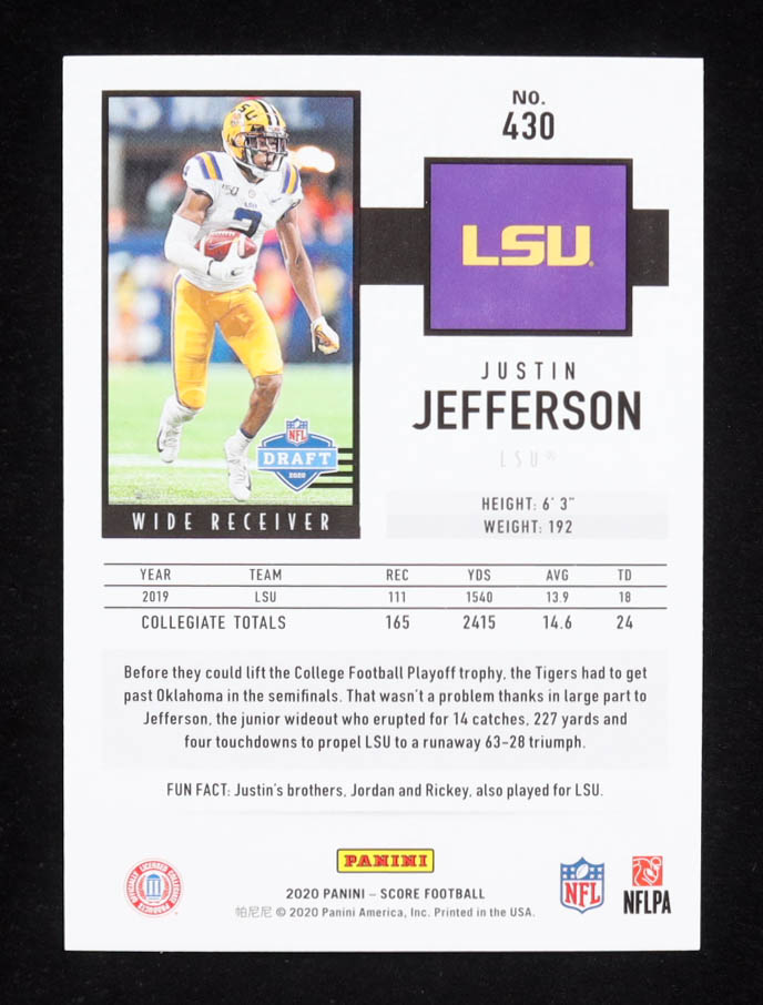 Justin Jefferson 2020 Score #430 RC at PristineAuction.com Justin Jefferson 2020 Score #430 RC at PristineAuction.com
