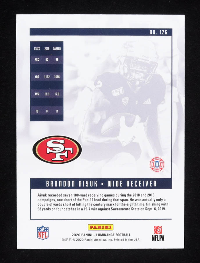 Brandon Aiyuk 2020 Panini Luminance #126 RC at PristineAuction.com Brandon Aiyuk 2020 Panini Luminance #126 RC at PristineAuction.com