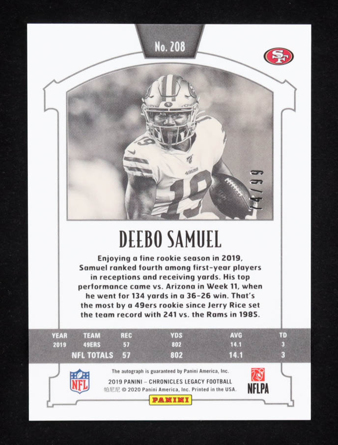 Deebo Samuel 2019 Panini Legacy Autographs #208 #74/99 RC at PristineAuction.com Deebo Samuel 2019 Panini Legacy Autographs #208 #74/99 RC at PristineAuction.com