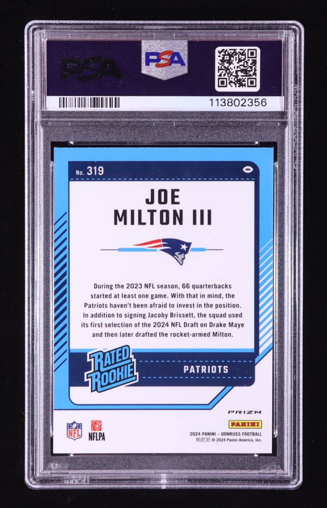 Joe Milton III 2024 Donruss Optic Rated Rookies Preview Pink #319 RC (PSA 9) at PristineAuction.com Joe Milton III 2024 Donruss Optic Rated Rookies Preview Pink #319 RC (PSA 9) at PristineAuction.com