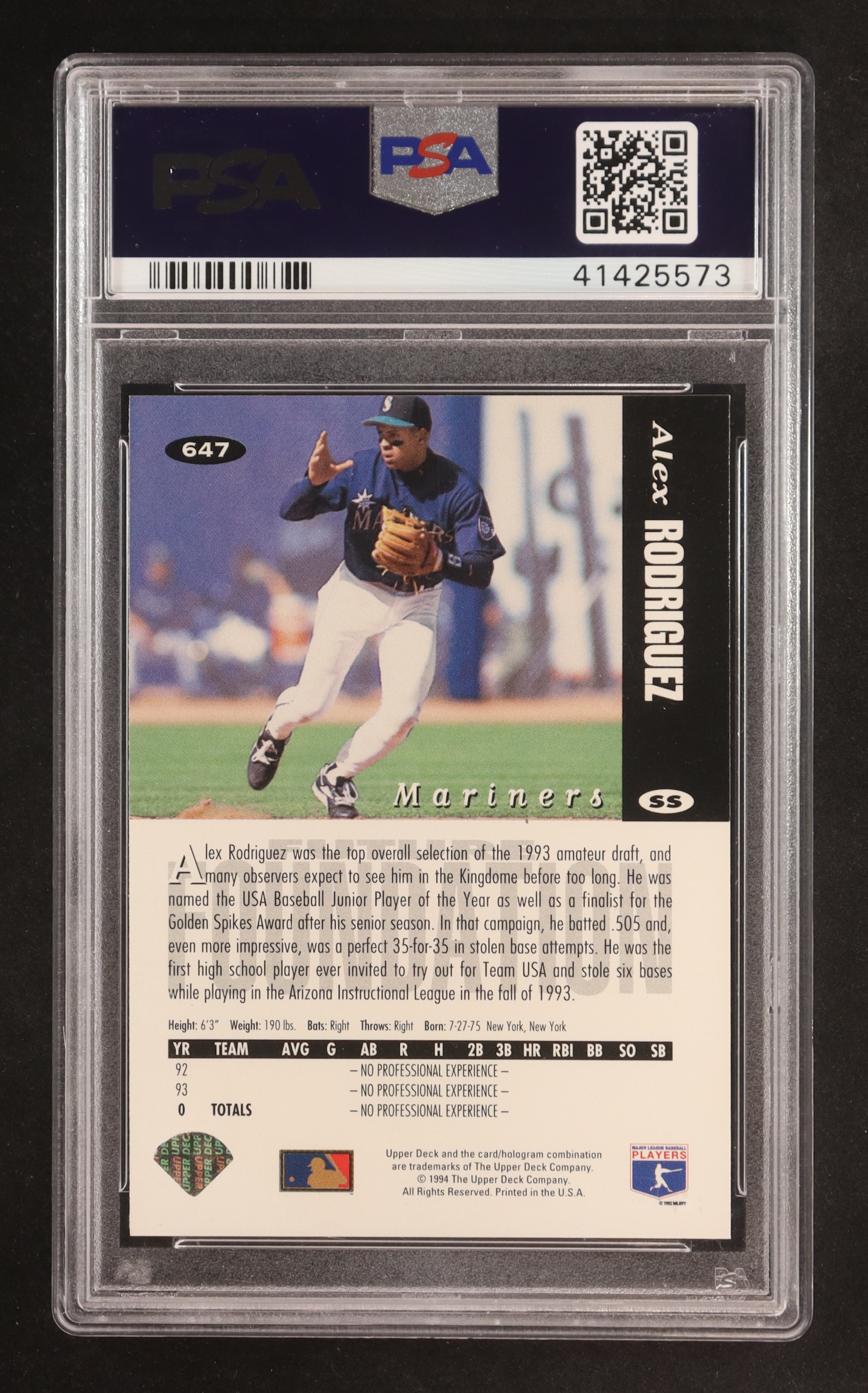 Alex Rodriguez 1994 Upper Deck Collector's Choice White Letter Variation #647 (PSA 9) at PristineAuction.com Alex Rodriguez 1994 Upper Deck Collector's Choice White Letter Variation #647 (PSA 9) at PristineAuction.com