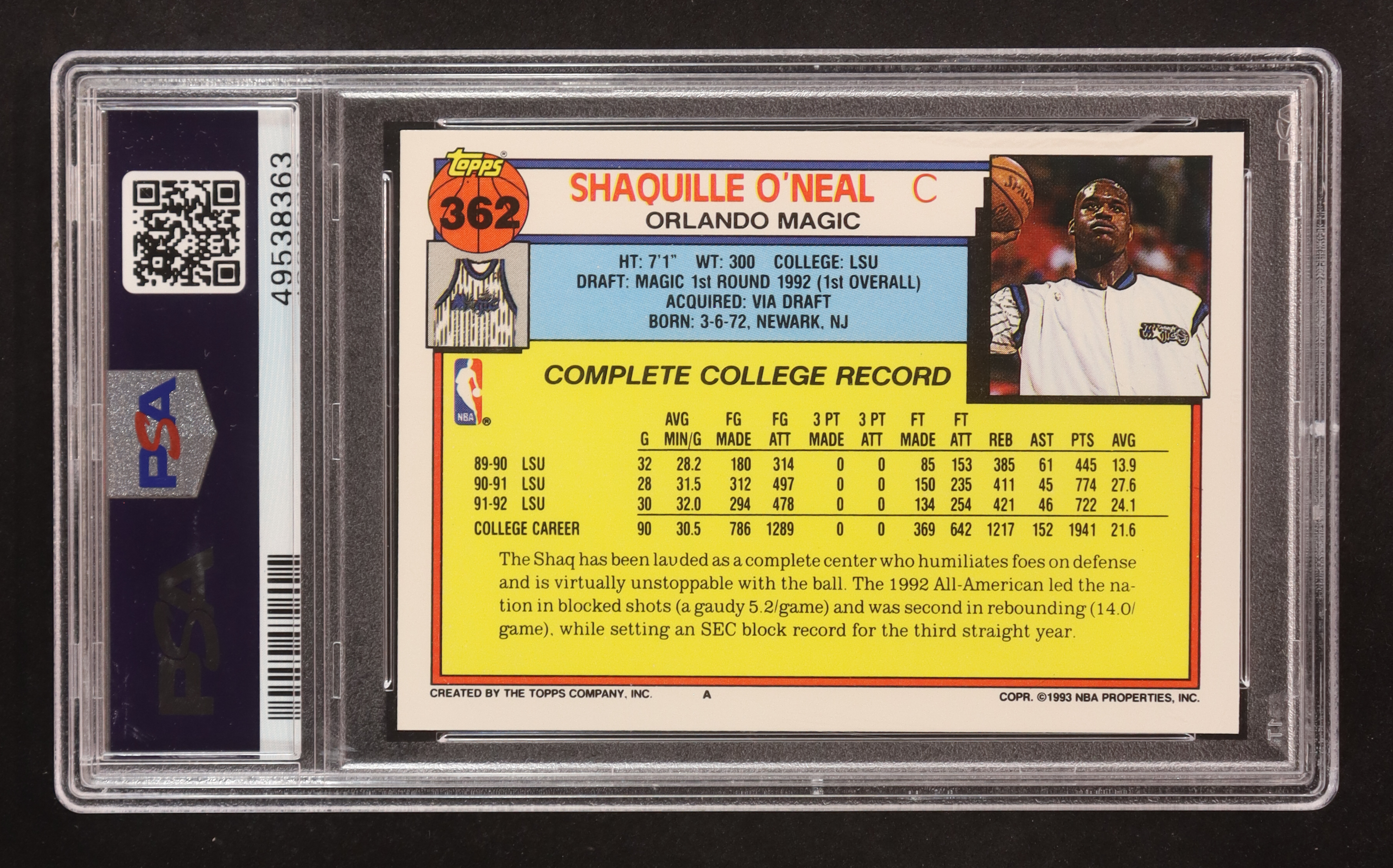 Shaquille O'Neal 1992-93 Topps #362 (PSA 9) at PristineAuction.com Shaquille O'Neal 1992-93 Topps #362 (PSA 9) at PristineAuction.com