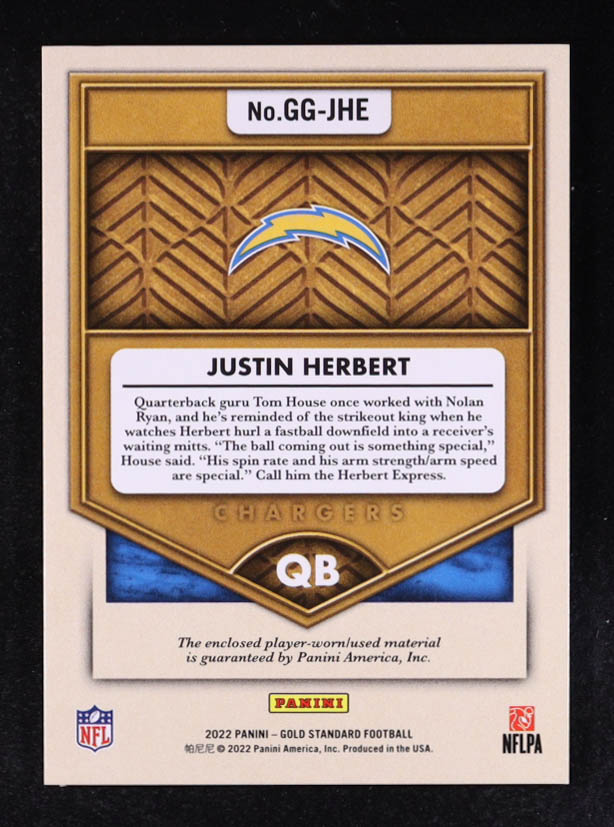 Justin Herbert 2022 Panini Gold Standard Football Gold Gear #GG-JHE #178/299 at PristineAuction.com Justin Herbert 2022 Panini Gold Standard Football Gold Gear #GG-JHE #178/299 at PristineAuction.com