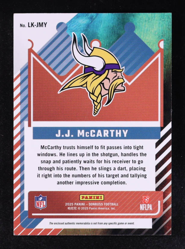 JJ McCarthy 2025 Panini Donruss Leather Kings #LK-JMY #059/425 at PristineAuction.com JJ McCarthy 2025 Panini Donruss Leather Kings #LK-JMY #059/425 at PristineAuction.com